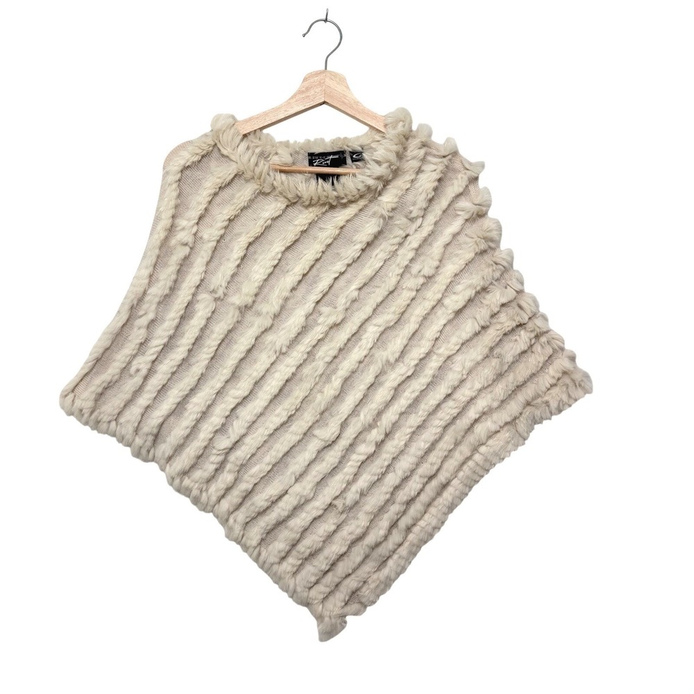 Black Rivet Women's Rabbit Fur Wool Blend Knit Poncho Ivory OS Mob Wife Luxury